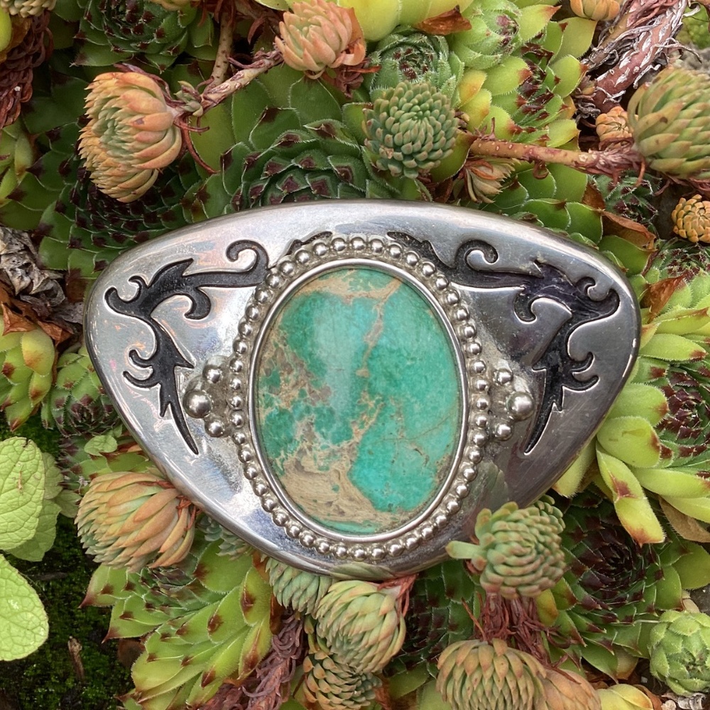 Vintage Unisex Western Boho Large Green Turquoise Stone Etched Metal Belt Buckle - Picture 8 of 13